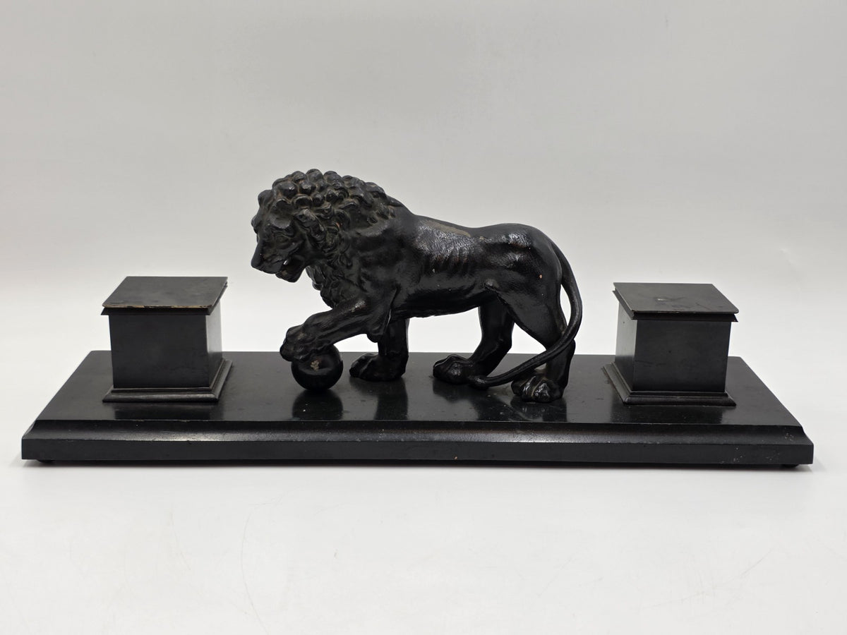 19th C Victorian Cast Iron Lion Double Inkwell Desk Set Antique Black Japanned.