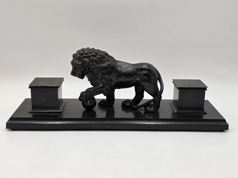 19th C Victorian Cast Iron Lion Double Inkwell Desk Set Antique Black Japanned.