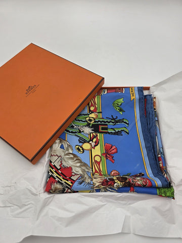 Rare Hermes Kachinas Scarf 90cm Silk Twill Hopi Design Blue Multicolor W Box.