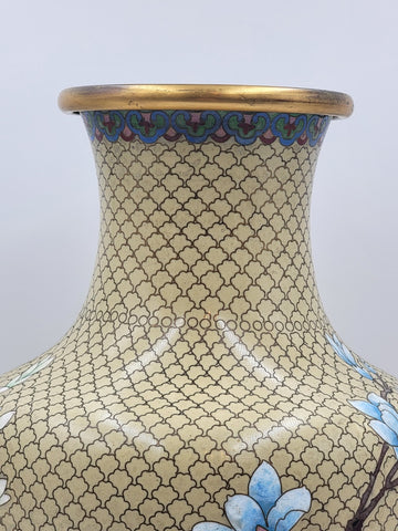 XL Cloisonné Vase Beautiful Floral  Fine Wirework Interior Brass 17 inches tall