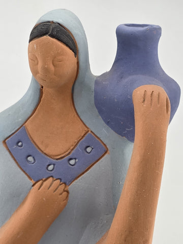 Vintage Handmade Painted Clay Indeginous Pottery Woman Holding Pot 15" High
