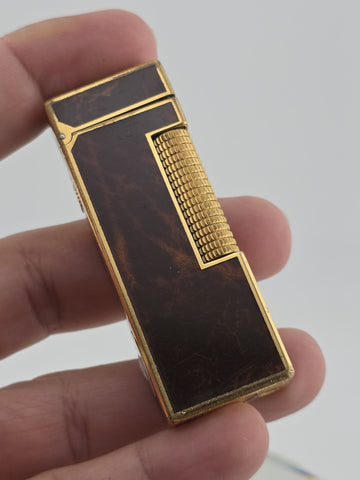 Rare Dunhill Square Lacquer Marble Roller Gas Lighter Gold Brown Swiss Made.