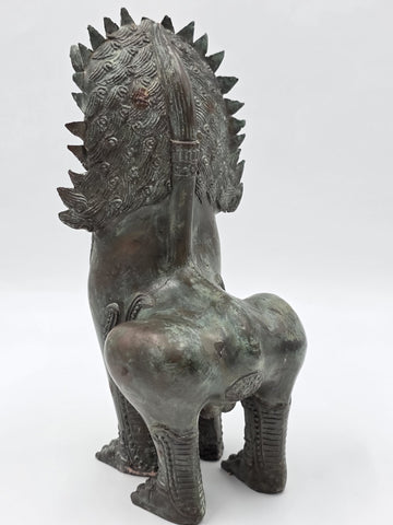 Rare Antique Thai Burmese Bronze Singha Temple Guardian Lion Statue 11" Tall.