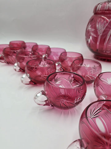 Rare 1940's Vtg Bohemian Cranberry Cut to Clear Crystal Punch Bowl Set w/13 Cups