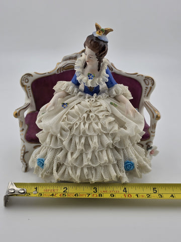 Vintage Sitzendorf Germany Lace Porcelain Lady Figurine Sofa Crown Mark. Read.