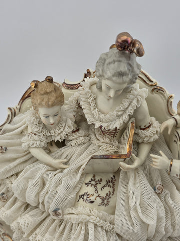 Large Dresden Art Germany Lace Porcelain Figurine Lady w Children W Sofa Reading