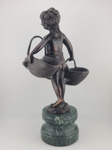 Antique Suzanne Bizard 1873 - 1963 Bronze Sculpture - Girl with Baskets 11 1/2"