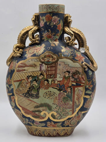 Vintage Royal Satsuma Moon Flask Bottle Vase Gold Gilt Dragon Handles Large 14"