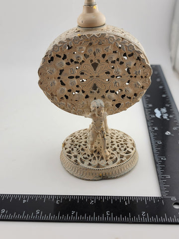 Antique Pair Of White & Gold Tone Metal Glass Hibiscus Filigree Perfume Decanter
