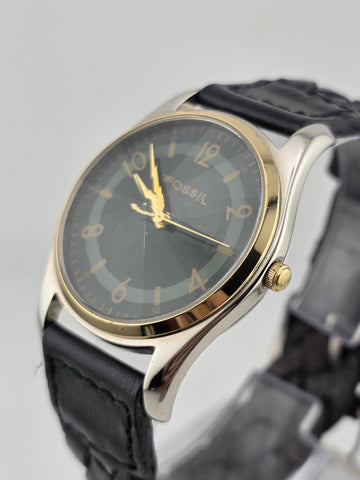 NIB Fossil PC-9626 Gold Tone Black Dial Quartz Watch Leather Strap 36mm