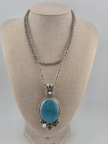 Vintage Large 925 Sterling Silver Turquoise Peridot Pearl Pendant Necklace. Read
