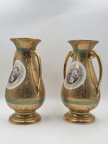 Pair Vintage Le Mieux 24 Karat Gold Handled Vases Victorian Scene Ladies Cherubs
