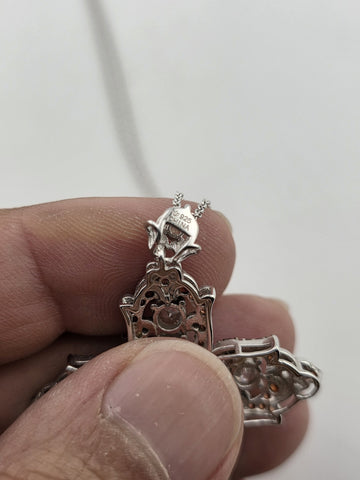 Vintage Sterling Silver 925 Cross Pendant Red Clear CZ Ornate Gothic Necklace