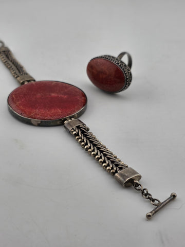 ANTIQUE 1940'S STERLING SILVER NATURAL RED CORAL BRACELET & RING SET HANDCRAFTED