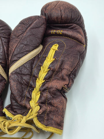 Antique 1950s Everlast 12oz Brown Leather Lace-Up Boxing Gloves Made in USA