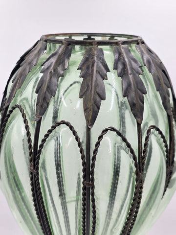 Rare Antique 19th C Murano Green Caged Blown Glass Urn Vase Centerpiece. 23 In