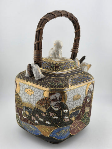 Vintage Satsuma Japanese Samurai Hand painted Teapot Wicker Handle W Lid.