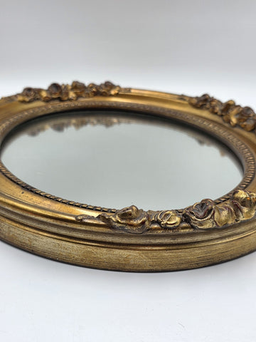 Antique Hand Carved Gilt Wood Oval Mirror Roses Floral Rococo 17” Wall Decor
