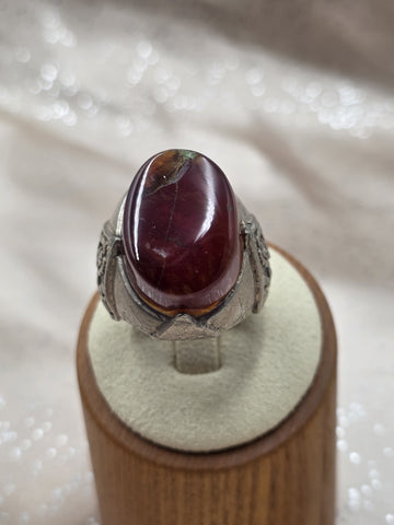 Antique Persian 925 Sterling Silver Dark Red Carnelian Agate Mens Ring Floral.