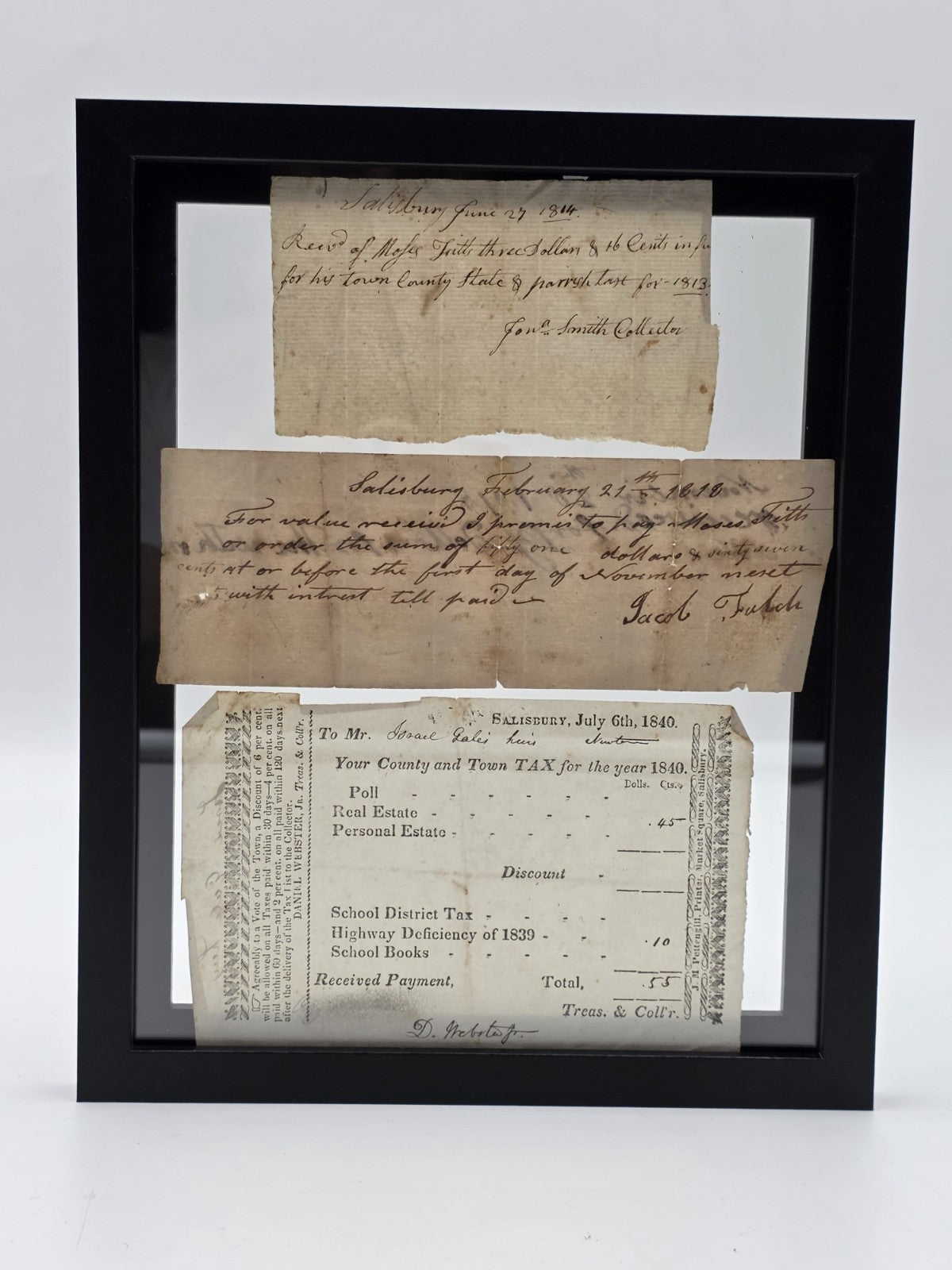 Rare Collection Early 1800s Tax Receipts 1814 1818 1840 Salisbury MA Framed Docs