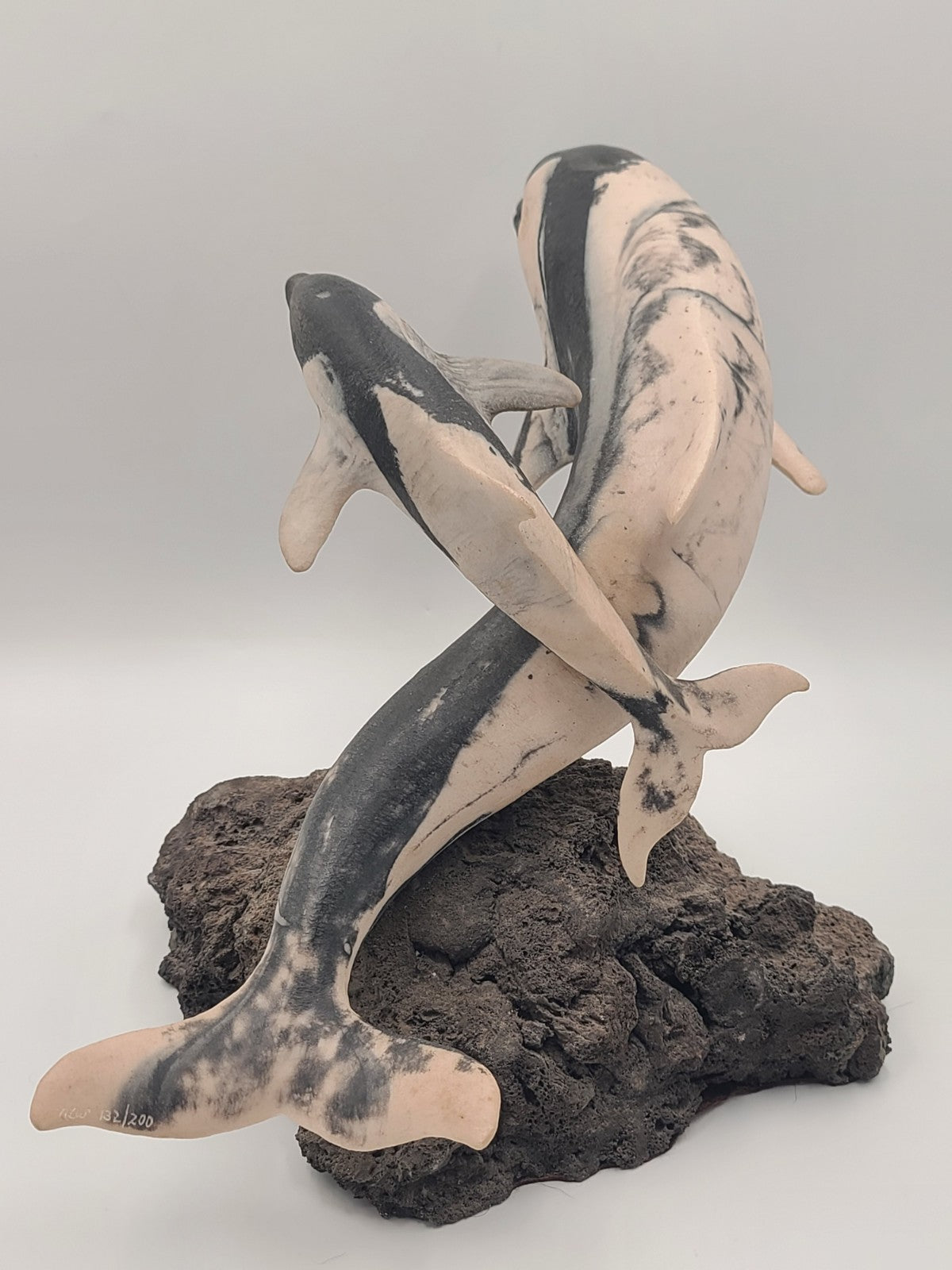 Rare Large Signed NLW Ltd Edition Stone Dolphin Sculpture 132/200 on Lava Base