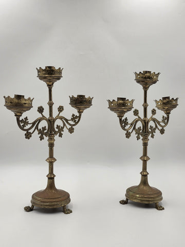 Pair Of Exquisite 19th C Gothic Revival Brass Candelabra W Three Candle Sockets