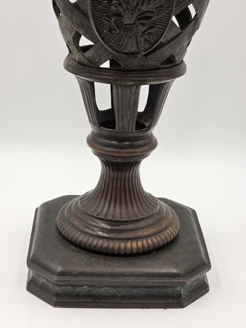 Antique Heavy Bronze Neoclassical Urn Ram Head Handles Pierced Vase Empire Style