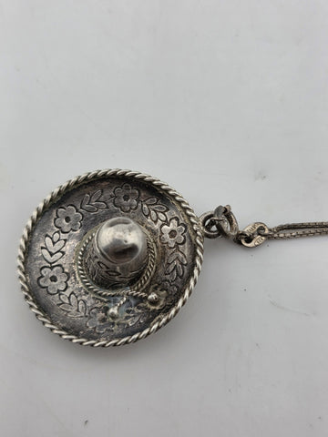 Vintage Taxco 925 Sterling Silver Mexico Sombrero Hat Pendant Necklace.