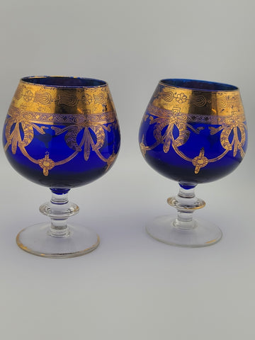 Vintage Arte ltalica Brandy Snifters: Cobalt BlueBlown Glass with Gold