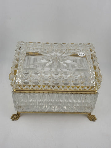 French Baccarat Style Jewelry Casket Footed Box Heavy Crystal Glass Hinged Lid