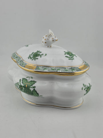 Vintage Collectible Herend Chinese Bouquet Green Cov Bonbon W/Bunny. Read.