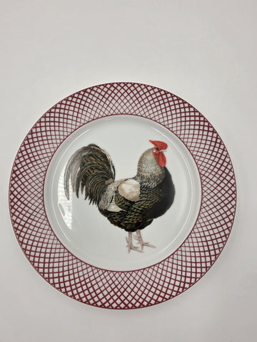 Set of 4 Devonshire Haldon Dinner Plates White Black Rooster Hen Red Lattice.