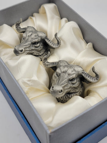 Vintage pair of water buffalo Metal And crystal 3&1/2 inch cups in fitted box.