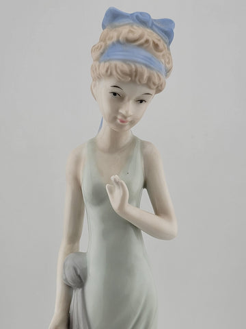 Beautiful Set Of 2 Vintage Porcelain Glazed Hair Women in White Dresses Figurine