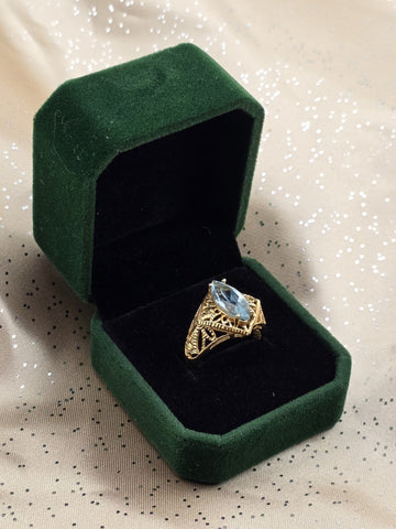 Antique 14K Solid Gold Blue Topaz Marquise Ring Filigree Estate Size 8 W Box.