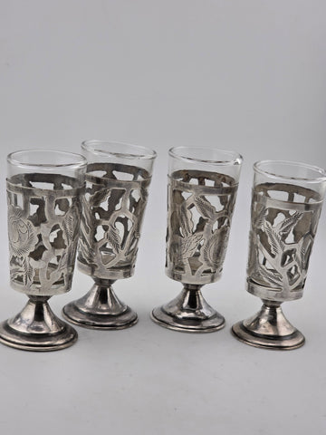 SET Of 4 MID-CENTURY MEXICO STERLING SILVER 3" PIERCED CORDIALS, GLASS LINERS