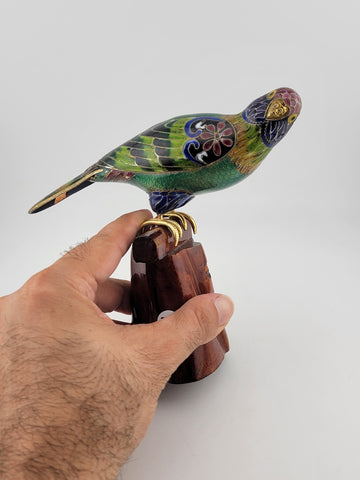 RARE BEAUTIFULLY COLORED CLOISONNE BIRD (PARAKEET) W WOODEN STAND. 7 Inch Wide.