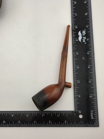 ANTIQUE VICTORIAN ERA MONOGRAMMED CASED MEERSCHAUM PIPE, AMBER LONG STEM. READ.