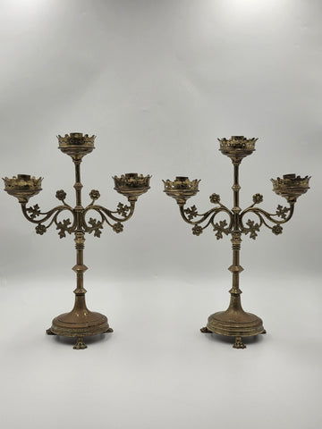 Pair Of Exquisite 19th C Gothic Revival Brass Candelabra W Three Candle Sockets