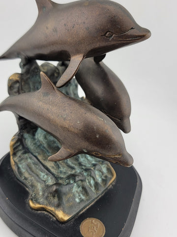 Vintage SPI Three Bronze Dolphin  Leaping Sculpture Figurine Signed  Marble Base