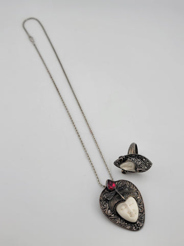 Sterling Silver Bali Goddess Moon Face Ruby Butterfly Pendant, Ring, Necklace