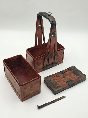 Antique Japanese Meiji Bamboo Picnic Basket Bento Box Woven Basket Complete Case