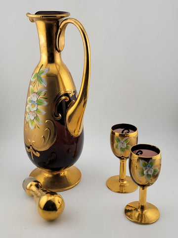 Vintage Murano Italy Ruby Red & Gold handpainted W Roses Decanter & 2 Glasses