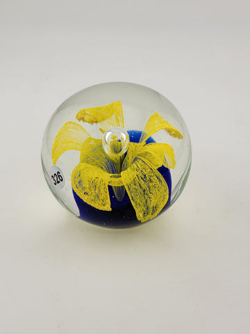 Vintage Art Glass Paperweight Yellow Flower Inside Cobalt Glass (2 1/2'')