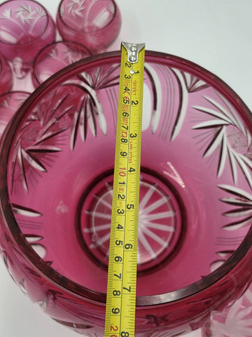 Rare 1940's Vtg Bohemian Cranberry Cut to Clear Crystal Punch Bowl Set w/13 Cups