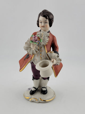 Antique Frankenimal Dresden Porcelain Figurine Boy With Top Hat & Flowers.