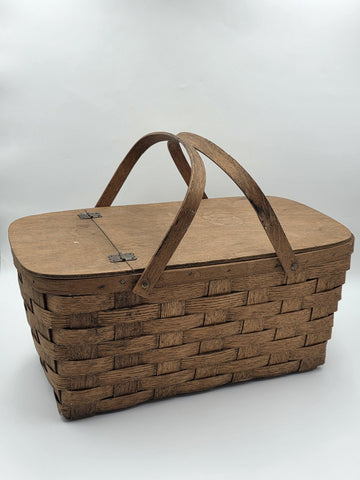 Antique C 1920's Picnic Basket 1" Woven Slats Naturally Aged Patina  Handles Lid