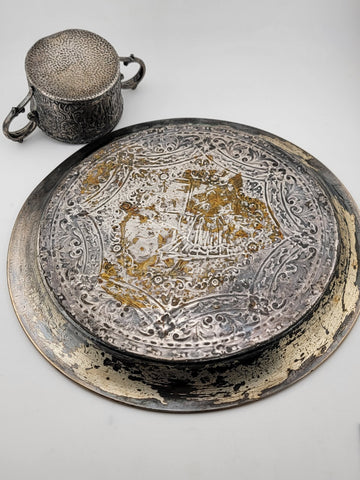 Antique 19C Silver Plate Derby Silver Repousse Plate Dutch Scenes W Engraved Cup