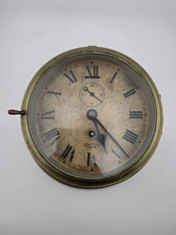 Antique Smiths Empire WWII Brass Marine Bulkhead Clock England Roman Dial. Works