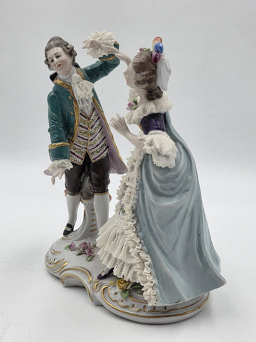 Vintage German Dresden Lace Porcelain Courting Couple Figurine Hand Painted 7.5"